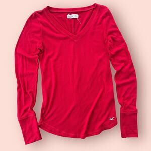 Y2K Vtg Hollister Red Long Sleeve Shirt Small V-Neck Fitted Top Slim Fit 2000s Q